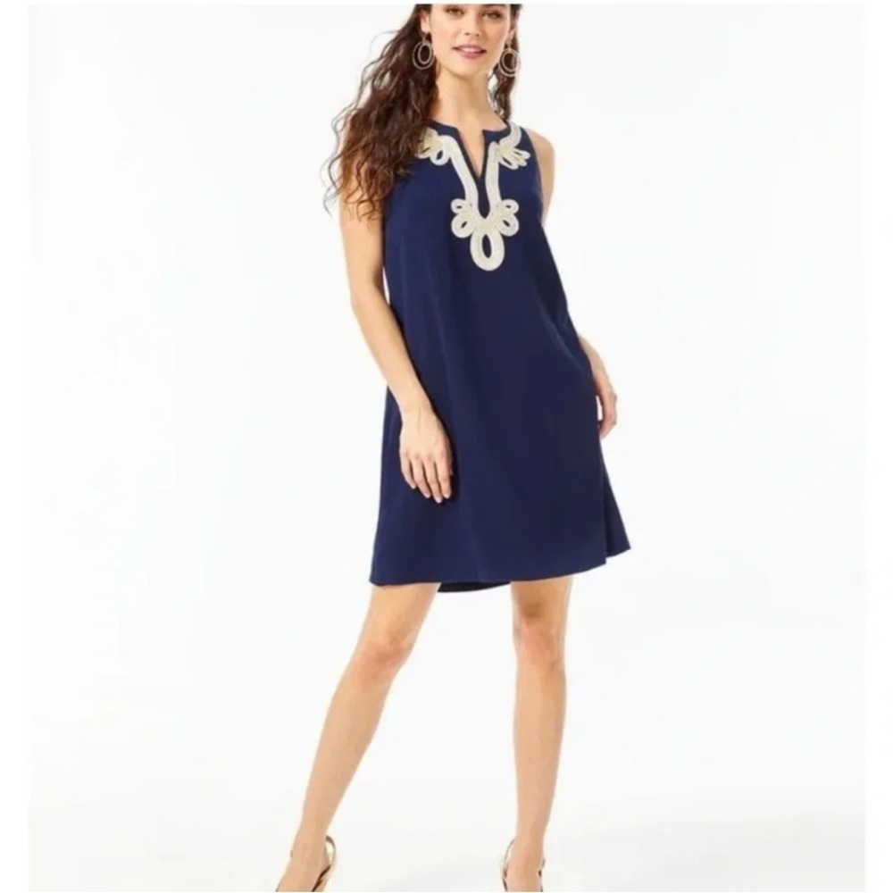 NWT LILLY PULITZER Cherlyn Navy Sleeveless Dress with Metallic Embroidery Trim